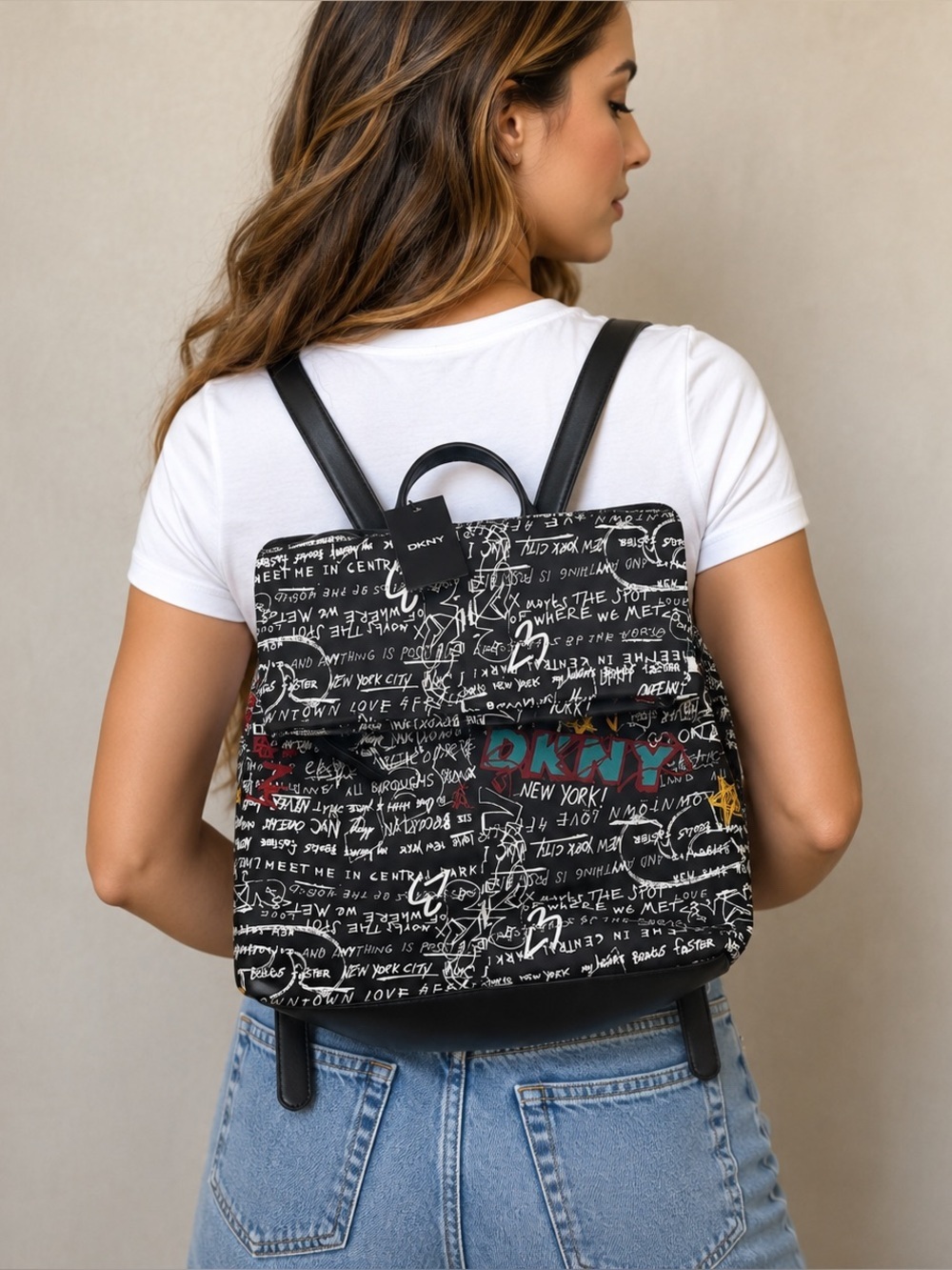 DKNY New Tilly Fold Over Backpack Urban Graffiti-Style NYC Print Teal Logo
